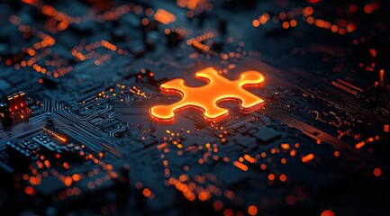 Glowing puzzle piece on circuit board