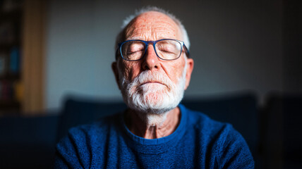Elderly man meditating with closed eyes in living room setting
