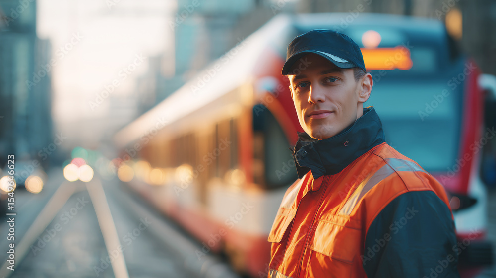Poster a man dressed in a conductor uniform stands confidently beside a train during dusk. he monitors the 