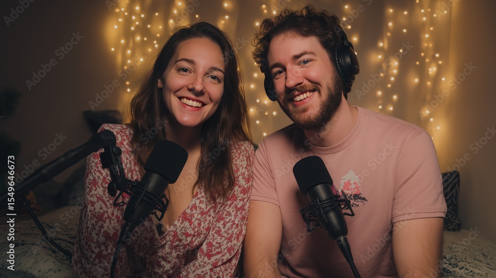 Poster engaging podcast hosts sharing insights on artificial intelligence in a cozy setting
