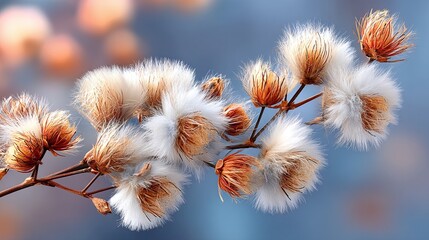 Close-up of cotton plant branches with fluffy white seed fibers and brown stems