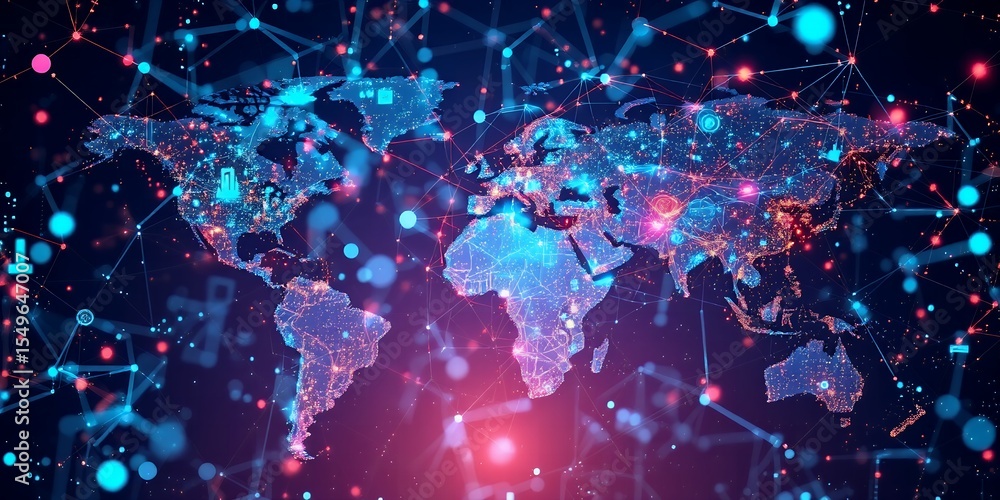 Poster illuminated world map with network connections and glowing nodes over a dark background