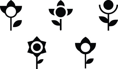 Set of five black flower icons in minimalist geometric styles with leaves on white background
