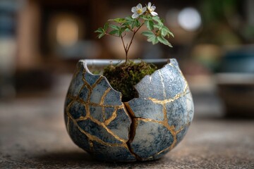 A broken vase reassembled with golden seams (kintsugi style), with a small flower growing from the cracks metaphor of healing and redemption