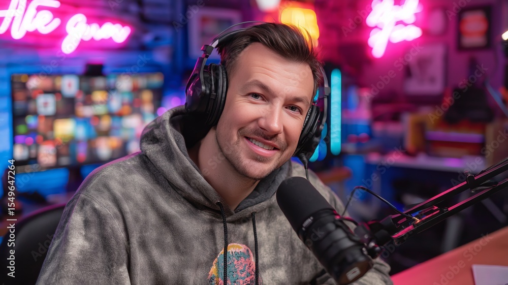 Poster engaging podcast host discussing ai innovations in a vibrant studio setting with colorful lighting