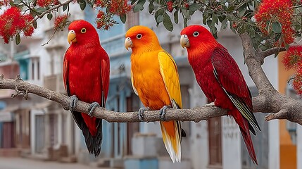 Group of exotic parrots in modern setting high resolution photo