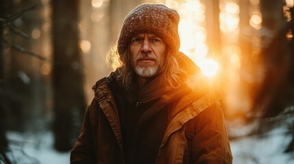 A contemplative man stands in a serene forest setting, bathed in the warm glow of a golden sunset, encapsulating the beauty and tranquility of nature, perfect for adventure themes.