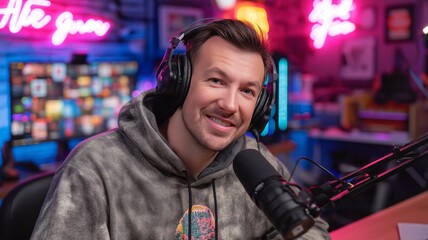 Obraz premium Engaging podcast host discussing AI innovations in a vibrant studio setting with colorful lighting
