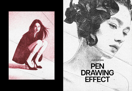 Pen Drawing Poster Photo Effect Mockup