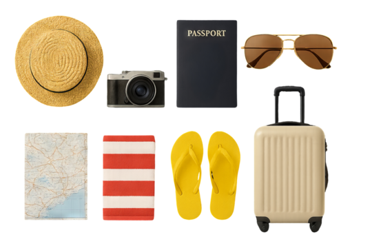 Png set of summer travel essentials including hat, camera, sunglasses, passport, map, towel, and suitcase isolated on transparent background. vacation essentials, travel gear, holiday packing.