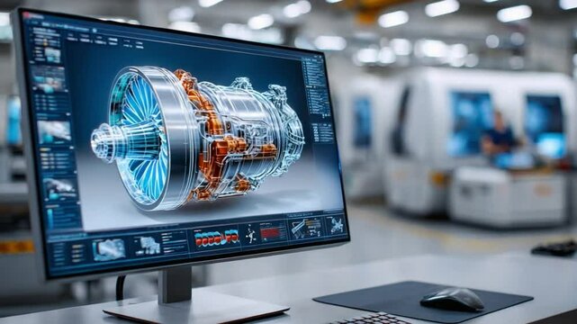 Jet Engine CAD Design: Close-up of a computer monitor displaying a detailed 3D CAD model of a powerful jet engine, with a blurred background showing a busy industrial manufacturing facility.