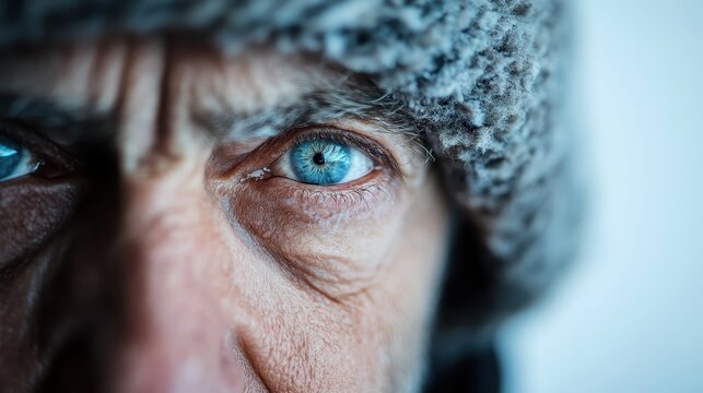 A stunning close-up of an elderly man's intense blue eye, showcasing the wrinkles and details that convey wisdom, experience, and the depth of human emotion over a lifetime.