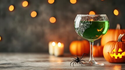 A eerie green cocktail in a decorated glass sits on a spooky backdrop with carved pumpkins, candles, and cobwebs, perfect for Halloween gatherings and themed parties.
