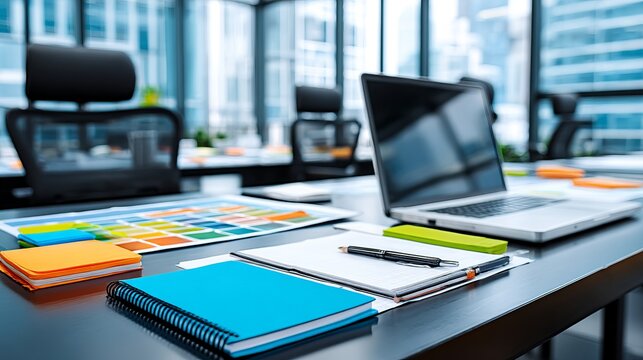 Modern office workspace with laptops, notebooks, and color swatches on a desk - Powered by Adobe
