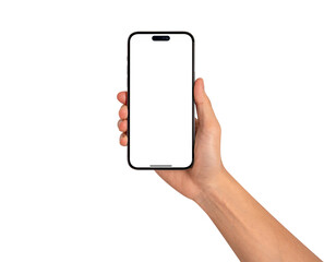 Hand showing smartphone with blank screen isolated.