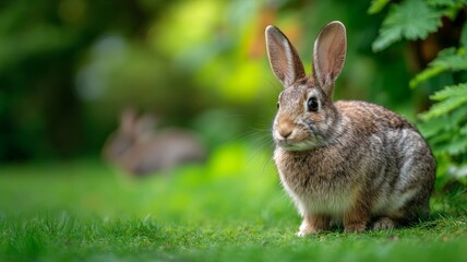 Close-up of a fluffy rabbit sitting on lush green grass with soft background bokeh in a serene outdoor setting