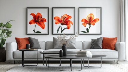 Orange lily prints adorn a modern living room.