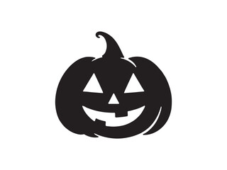 Black and white silhouette illustration of a traditional smiling jack o lantern pumpkin for halloween