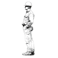 Fototapeta premium Ink drawing of a construction worker standing against a black background isolated