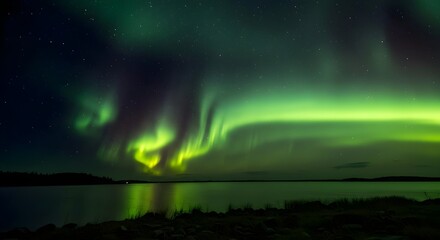 Naklejka premium Aurora borealis, Northern lights, Aurora, Aurora Borealis over Calm Lake at Night