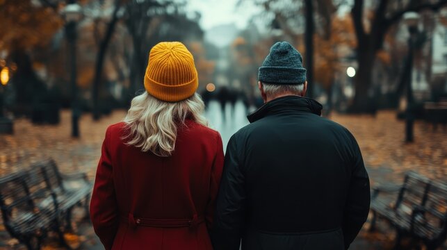 A couple strolls hand-in-hand through a serene autumn park, surrounded by fallen leaves and crisp air, embodying love, togetherness, and the beauty of nature. - Powered by Adobe