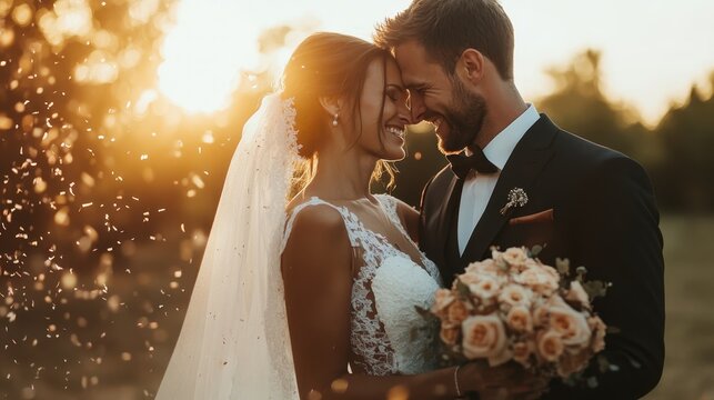 A bride and groom embrace during a romantic sunset, surrounded by flowers. Their joyful expressions capture the essence of love and commitment in a picturesque natural setting.