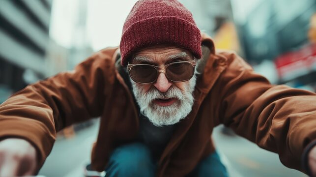 An elderly man with a beard and glasses rides a skateboard in a vibrant city. He wears a brown jacket and a red beanie while showcasing adventurous spirit against an urban backdrop.