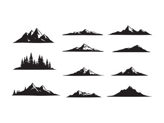 Set of black mountain and pine tree silhouettes perfect for outdoor and adventure designs