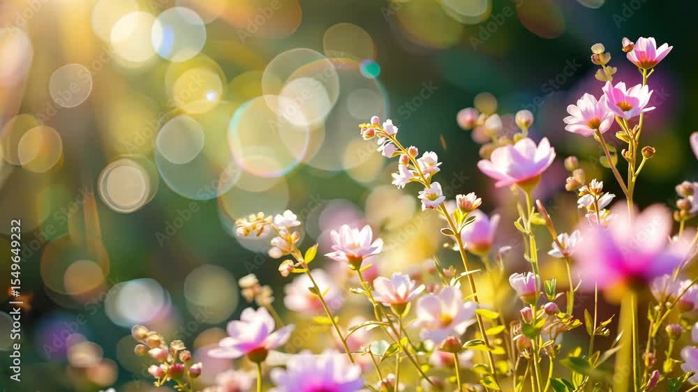 Poster beautiful soft focus background of colorful spring flowers with sunlight and bokeh effect in natural