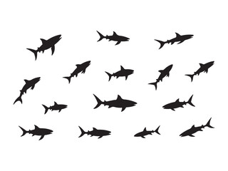 Silhouettes of sharks swimming in various directions on a plain white background