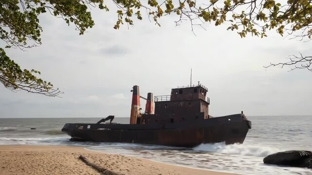 An abandoned boat sits moored on the beach in Kribi, Cameroon
