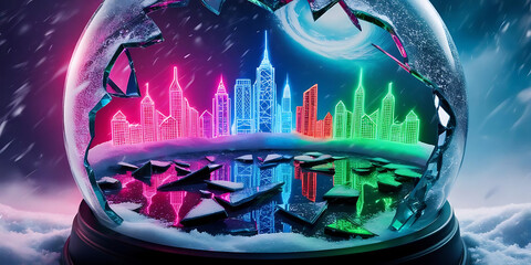 Neon lit skyline reflected in snow globe with snow falling


