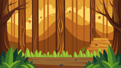 Enchanting forest scene with tall trees rolling hills and a wooden structure
