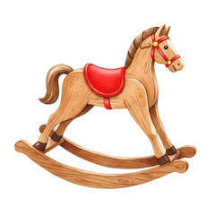 Watercolor Illustration of a Classic Wooden Rocking Horse with Red Accents
