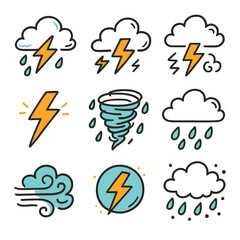 Weather icons including lightning, rain, and wind in a doodle vector style  