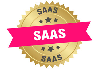saas. saas round pink and gold label isolated on transparent background