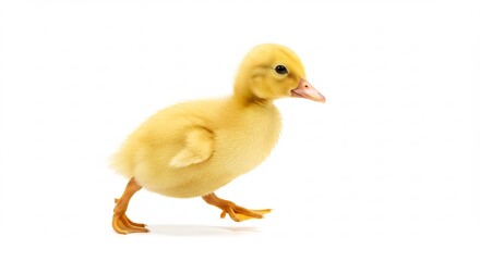 Fluffy yellow duckling walks softly against bright white background. AI Generated
