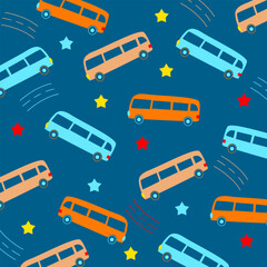seamless blue bus cartoon vector design pattern for kids apparel fullprint