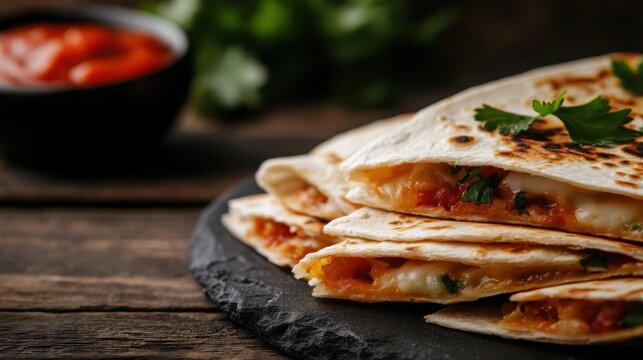 This mouthwatering image captures a stack of grilled quesadillas served on a slate plate with fresh salsa, showcasing delicious food art and culinary expertise.