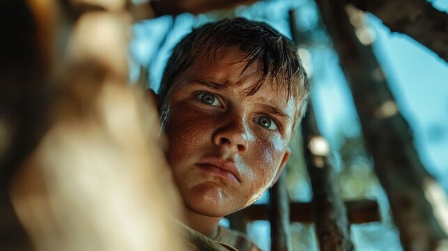 A captivating image of a young boy peeking through wooden sticks, his expression filled with curiosity and wonder, evoking a sense of adventure and childhood innocence.