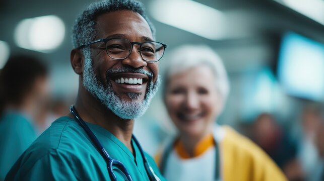 A joyful healthcare professional, wearing scrubs and glasses, shares a smile with a patient, embodying compassion and care in a bustling hospital setting.
