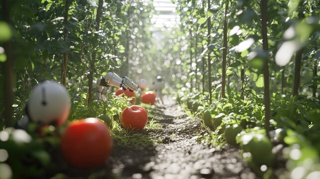 Robots harvest tomatoes in a greenhouse setting.