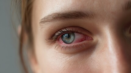 Close up of woman eye showing redness and detail in iris, conveying sense of emotion and vulnerability. image captures intricate textures and colors of eye