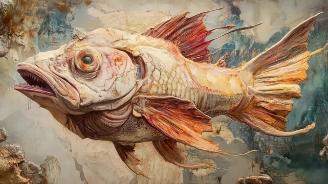 A painting of a fish with its mouth open