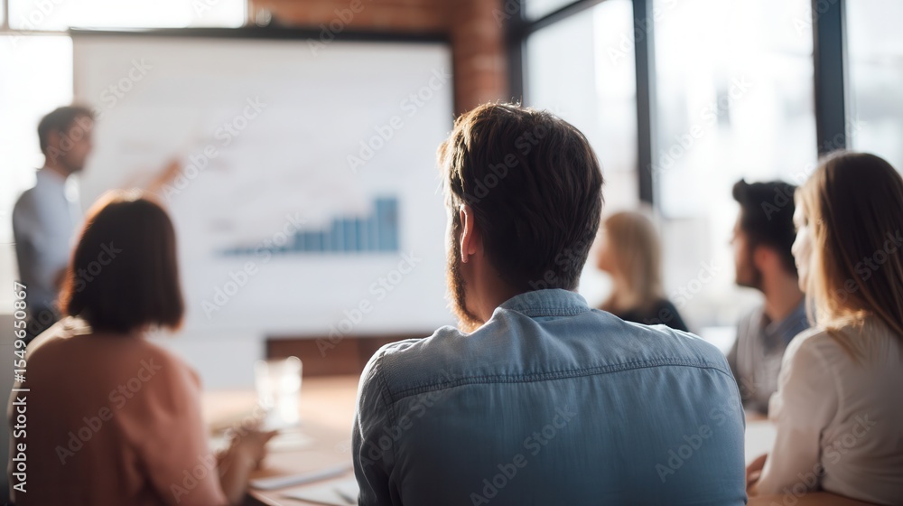 Poster group of professionals engaged brainstorming session, focusing presentation with charts and graphs m