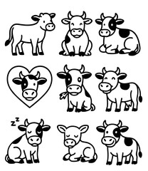 Cartoon little cow doodle vector icon set in various poses and expressions  