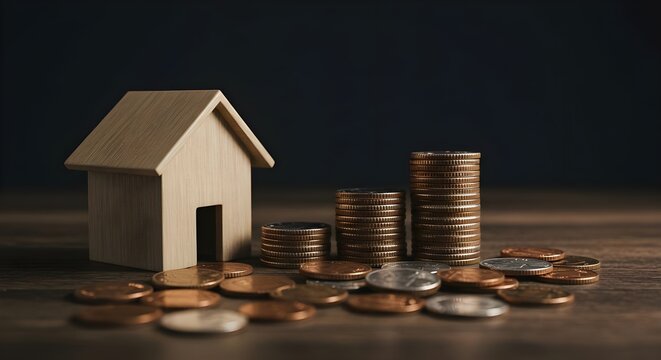 House, Home, Model house, Saving for a House Wooden House Model with Stacked Coins