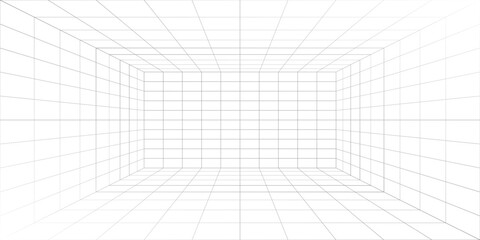 Empty futuristic digital box room white background with black grid space line color surface. Network cyber technology. vector.