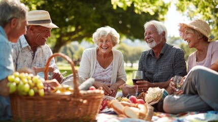 Grandparents enjoying a picnic with their adult children and their spouses in a sunny park