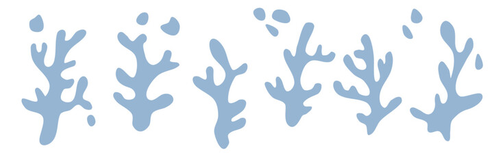 seaweed silhouette and bubbles set of hand drawn doodle illustration. Underwater sea life summer holiday. Blue seaweed, algae design element set